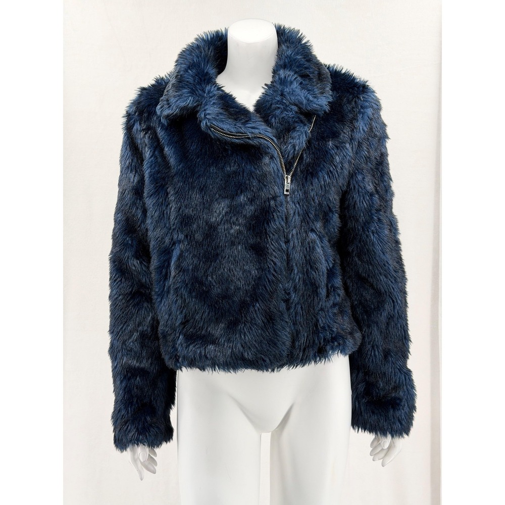 Plush Faux Fur Zip-Front Jacket - Navy